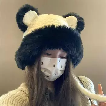 Корейская осенне-зимняя новая теплая защитная шапка для ушей, вязаная шапка, универсальная утолщенная шапка Lei Feng с плюшевыми ушками медведя, шерсть M56-58cm