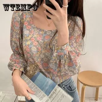 Корейская осенняя милая рубашка Vitality Girl с квадратным воротником и длинными рукавами с цветочным принтом в стиле ретро, свободный шифоновый топ S
