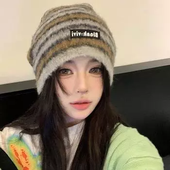 Корейская полосатая вязаная шапка женская осенне-зимняя универсальная многослойная шапка большая окружность головы шерстяная шапка показывающая маленькое лицо теплая холодная шапка M (56-58cm) Striped Stacking Cap Blank кофейный