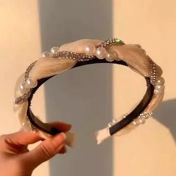 Корейская повязка на голову с двойным жемчугом и стразами, кружевная плетеная повязка для волос, обруч для волос, ободок с кристаллами, повязки на голову для женщин и девочек, аксессуары для волос