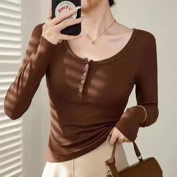 Корейская повседневная хлопковая облегающая футболка женская 2024 модные женские футболки с длинным рукавом элегантные футболки женская одежда 30531 S чёрный
