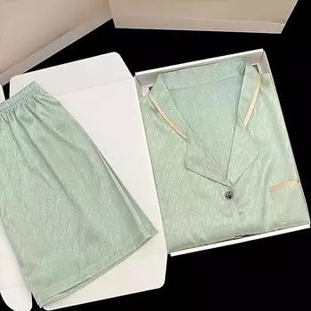 Корейская простая однотонная элегантная женская пижама из твила для дома, модная женская повседневная домашняя одежда для сна, новый летний комплект из 2 предметов для дома M зелёный