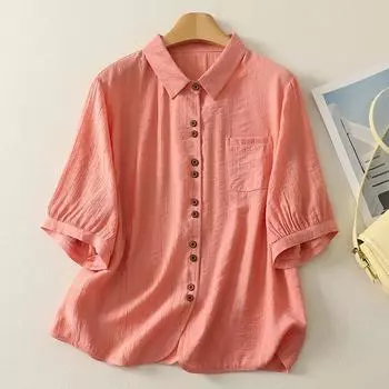 Корейская простая однотонная рубашка с рукавом три четверти для, женский летний новый свободный хлопковый повседневный кардиган топ M розовый