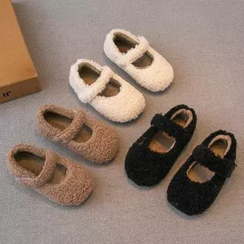 Корейская ретро повседневная обувь для девочек, пушистая обувь, зимняя новая детская обувь, плюшевые простые туфли на плоской подошве 21 yards inner length 13.0cm коричневый