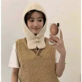 Корейская ретро-роговая пряжка, однотонная вязаная шапка-балаклава и шарф, интегрированная осенне-зимняя мода, теплые шапки для женщин 56-58cm бежевый