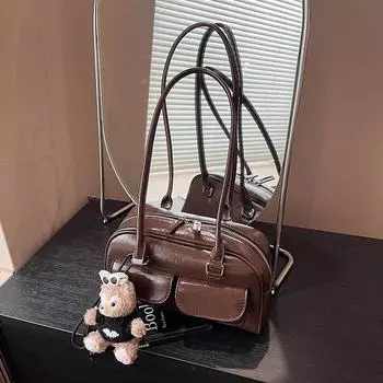 Корейская ретро-сумка для боулинга с нишевым дизайном подмышек и небольшим карманом для женщин 26*10*15 коричневый