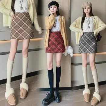 Корейская ретро-юбка А-силуэта из шерсти в клетку с высокой талией — шикарная и теплая на осень/зиму S красный