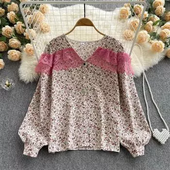 Корейская рубашка с v-образным вырезом, двухслойная кружевная рубашка с воланами и цветочным принтом, весна 2022, милая рубашка с принтом иностранной феи