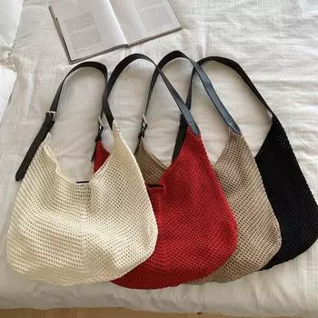 Корейская серия Ins Ажурная лоскутная плетеная сумка большой вместимости Женская 2025 Лето Новая Отпуск Кросс-боди На одно плечо Вязаная сумка White