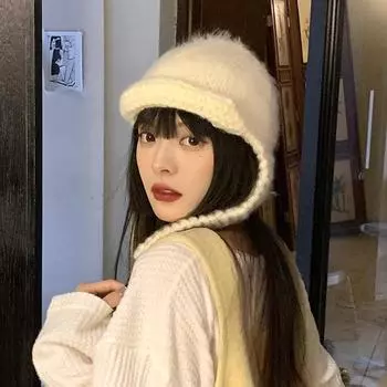 Корейская шапка из пряжи ручной работы, женская интернет-знаменитость, зимняя летающая шапка, теплая шапка Lei Feng, защита ушей, носок 56-58CM белый