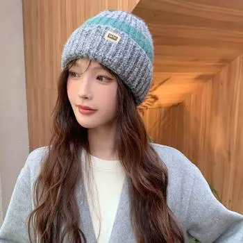 Корейская шерстяная шапка в тон, женская, осенне-зимняя, утолщенная, теплая, вязаная шапка, модная, универсальная, с большой окружностью головы, холодная шапка для мужчин M56-58cm