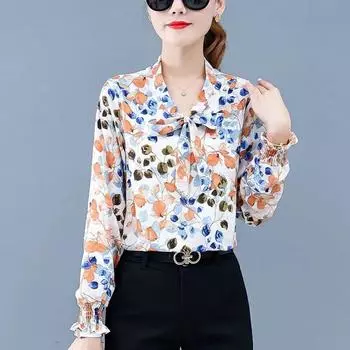 Корейская шифоновая рубашка с воротником-шарфом и бантом, женская блузка с длинными рукавами, весна-осень, новый свободный топ с принтом, M-4XL 4XL абрикосовый