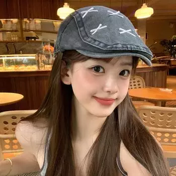 Корейская шляпа с бантом вперед, женская, весна-лето, мода, универсальный, повседневный, лицо газетчика, круглое лицо, берет с утиным языком Average size (56-60cm) серый