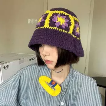 Корейская шляпа-ведро с цветочным/нишевым дизайном, женское лицо, маленькая вязаная крючком полая шляпа-горшок, мужская милая вязаная шапка M56-58cm
