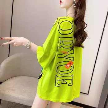 Корейская свободная флуоресцентная зеленая футболка с карманом и надписью, женская круглая горловина с коротким рукавом, лето 2023 г. M чёрный