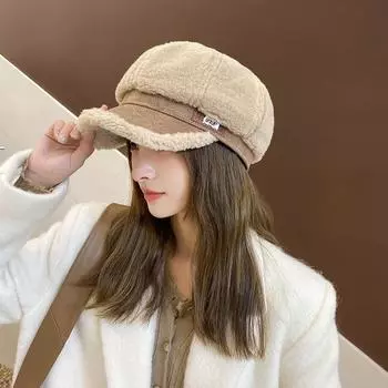 Корейская теплая восьмиугольная шляпа из овечьей шерсти для осени и зимы, тренд уличной фотографии, модная повседневная универсальная шляпа для показа на витрине, маленькая изогнутая шляпа для карниза