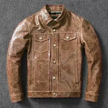 Корейская тонкая кожаная куртка мужская джинсовая кожаная куртка из натуральной кожи с воском в стиле ретро модное пальто S