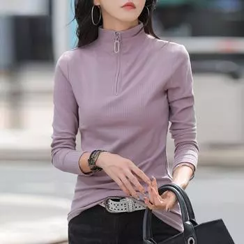 Корейская тонкая офисная рубашка, женский повседневный пуловер, весенний хлопковый топ с лацканами и длинными рукавами на молнии, футболки для женщин Za, большие размеры S чёрный