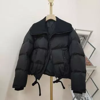 Корейская трикотажная куртка-пуховик с большими лацканами для женщин, зимняя новая куртка-пуховик свободного покроя из утиного пуха 2024 года one size fits all чёрный