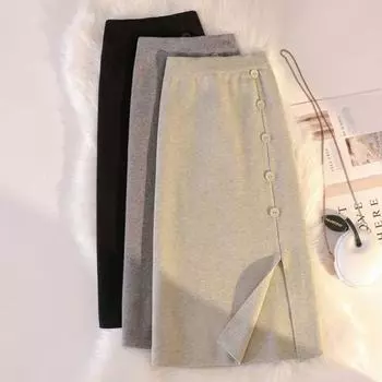 Корейская трикотажная юбка средней длины средней длины с высокой талией и универсальным дизайном из шерсти А-силуэта с запахом ягодиц, женские топы One Size чёрный