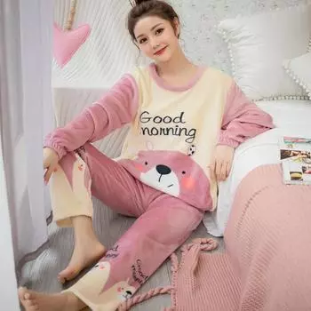 Корейская утепленная фланелевая женская пижама комплект осень-зима с длинными рукавами мультяшный медведь коралловый бархат женская пижама M