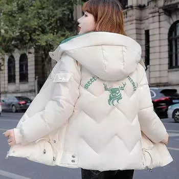 Корейская утолщенная женская куртка с длинным рукавом с буквенным принтом и теплым пальто с капюшоном Парки M чёрный