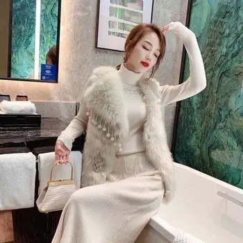 Корейская версия 2024 года, тяжелая промышленность, бисерная кисточка с поясом, белый жилет, искусственный мех, женский зимний жилет, куртка, молодая S 80-100