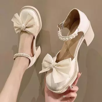Корейская версия банта женские босоножки на толстом каблуке 2024 новые повседневные простые универсальные туфли Мэри Джейн с жемчугом маленькие кожаные туфли осеннее время 35 чёрный