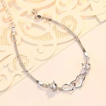 Корейская версия Браслет из стерлингового серебра S925 От сердца к сердцу , женский браслет из циркона в форме любви, простые ювелирные изделия из браслета Adjustable size
