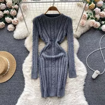 Корейская версия дизайна с круглым вырезом и поворотным узором, чувство вязания, утолщенный низ, пакет, платье на бедрах