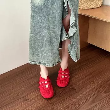 Корейская версия дизайна Sense, спортивная повседневная обувь на плоской подошве, мягкая кожаная обувь 2025 года, новинка лета, универсальная обувь Мэри Джейн для женщин 35 красный
