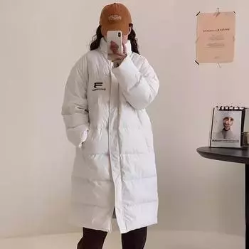 Корейская версия длинного пуховика женского 2024 года, зимняя новая стойка с воротником-стойкой, утолщенная выше колена, свободная модная белая куртка на утином пуху S
