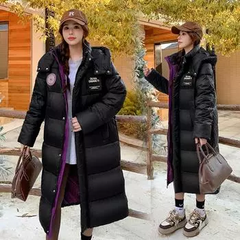 Корейская версия длинной черной золотой хлопковой одежды с подкладкой, парные модели, самонагревающаяся внутренняя часть, утолщенный капюшон теплого фиолетового золотого цвета длиной до колена M чёрный