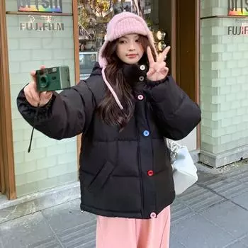 Корейская версия Dongdaemun с капюшоном и цветной пряжкой, свободная теплая хлопковая одежда, женская короткая хлопковая одежда, куртка S чёрный