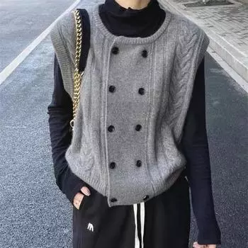 Корейская версия двубортный вязаный жилет для женщин весна осень зима круглый вырез повседневный жилет для женщин верхняя одежда тренд One Size серый