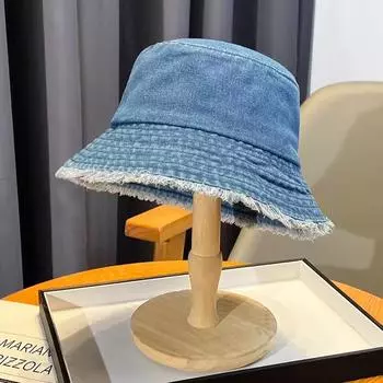 Корейская версия джинсовой шляпы рыбака для женщин на весну и осень, новая ретро-меховая опушка повседневная простая шляпа-тазик 56-58CM чёрный
