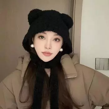 Корейская версия INS Милые медвежьи ушки Теплая шапка-бомбер Женская осенне-зимняя милая ветрозащитная маленькая вязаная шапка чёрный