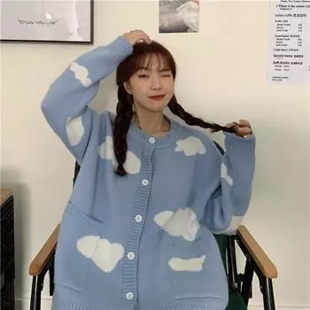 Корейская версия Ins Sweet Blue Sky White Cloud вязаный кардиган женский ленивый стиль свободный круглый вырез студенческий свитер куртка L синий