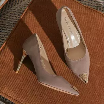 Корейская версия каблуков с металлическим носком, новые замшевые туфли-лодочки, сексуальные туфли на шпильке с острым носком, универсальная женская обувь 34 чёрный