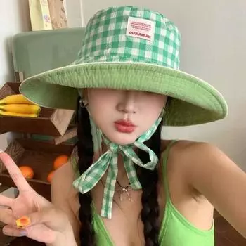 Корейская версия клетчатой шляпы с широкими лямками по краям, женская летняя шляпа с большими полями, открывающая лицо, маленькая шляпа от солнца, солнцезащитная шляпа, шляпа для бассейна M56-58cm