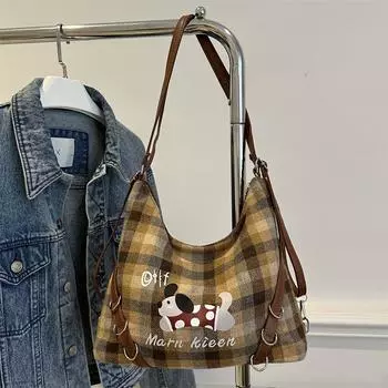 Корейская версия клетчатой сумки с изображением собаки в горошек, большая вместительная сумка для покупок через плечо с вышивкой, ленивый ветер, многоцелевая сумка-тоут с двумя плечами темно-коричневого