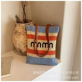 Корейская версия контрастные полосы большая вместительная сумка тоут женская 2024 новая мода повседневная сумка через плечо соломенная женская сумка чёрный