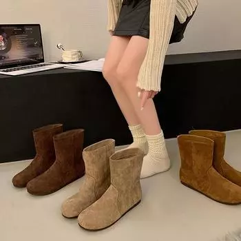 Корейская версия короткие сапоги босоножки на низком каблуке 2024 зимние сапоги из матовой кожи на молнии универсальные модные сапоги с круглым носком 35 коричневый