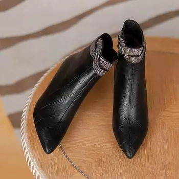 Корейская версия коротких женских сапог на высоком каблуке с острыми ромбовидными носами, женские сапоги на среднем каблуке 2024 года, новые осенне-зимние сапоги в стиле ретро на толстом каблуке 34 чёрный