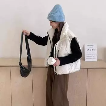 Корейская версия короткий пуховый жилет женский 2024 осень и зима новый свободный воротник стойка тонкий утолщенный белый утиный пуховик жилет S белый