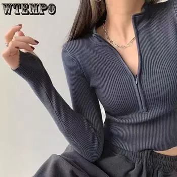 Корейская версия, короткий топ, дизайн Sense Spicy Girl, женская рубашка на молнии с полувысоким воротником, тонкая вязаная нижняя рубашка S