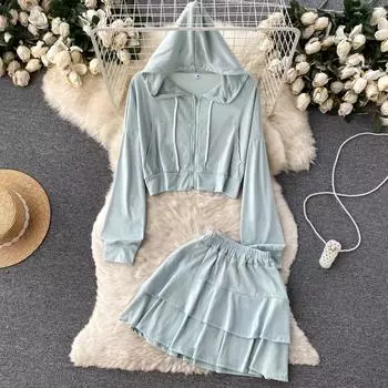 Корейская версия костюма-двойки в студенческом стиле, женская осенняя спортивная короткая куртка с капюшоном и длинными рукавами, топ, плиссированная юбка