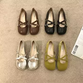 Корейская версия круглой головки позднего вечернего бриза нежного серебристого цвета одинарные женские туфли 2025 года, туфли на плоской подошве Mary Jane Doudou, женские летние туфли 35