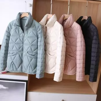Корейская версия легкого и тонкого женского пуховика с воротником-стойкой, белого цвета, на осень и зиму, новое повседневное свободное однотонное короткое пальто M чёрный