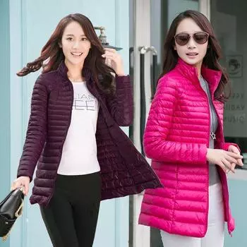 Корейская версия легкого пуховика женского среднего и длинного, с воротником-стойкой, белого утиного пуха, новая большого размера, осенне-зимняя женская куртка M хаки
